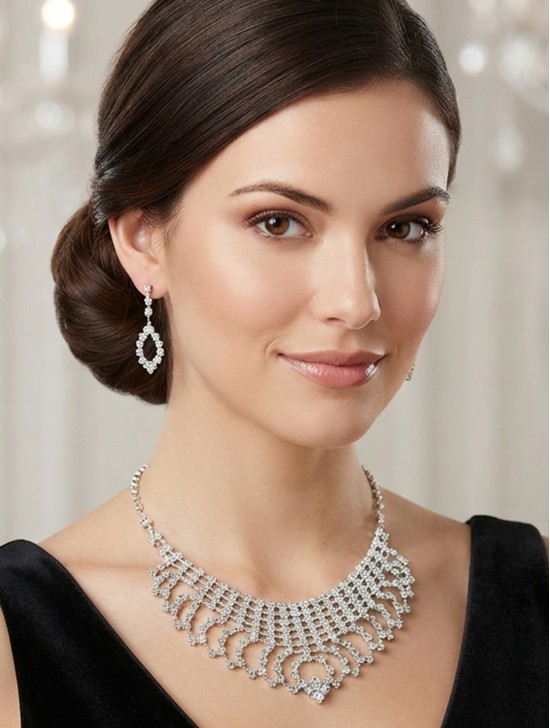 Adjustable Rhinestone Necklace And Earring Set